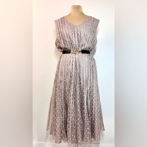 Jacques Vert Elegant Lavender Mid Dress w/ Tulle Polka Dot Overlay - Sz 16